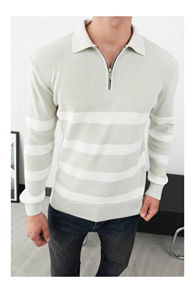 perasttesktil Men's Shirt Collar Zippered Striped Knitwear