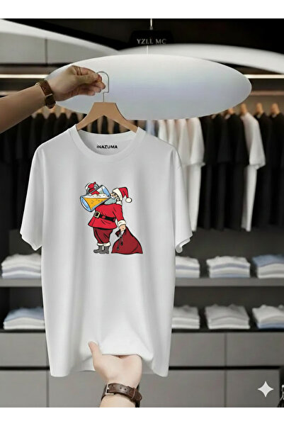 İnazuma Outdoors Unisex Oversized Printed Cotton Crew Neck Short Sleeve White T-Shirt Santa Claus Beer