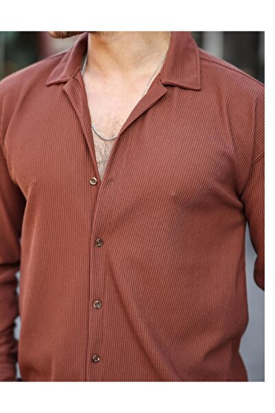 PEYORA Textured Oversized Corded Fabric Ottoman Brown Shirt Men