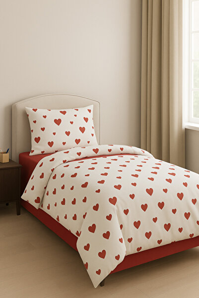 sehra Cotton Single Duvet Cover Set Children's Heart Pattern Quilt Cover Elas...
