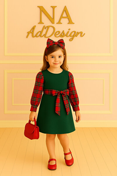 NA ADDESIGN Ekose Kollu Yeni Yıl Temalı Yeşil Kız Çocuk Elbise