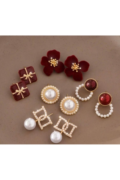 MURASSA BUTİK Gül ve İnci Desen 5 Çift Küpe Seti