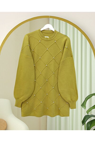 Modamorfo Stone Detailed Square Patterned Knitwear Tunic - Oil Green