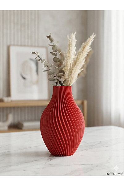 METAKEY3D Modern Burgu Tasarım Dekoratif Kırmızı Vazo - Minimalist 3D Ev ve O...