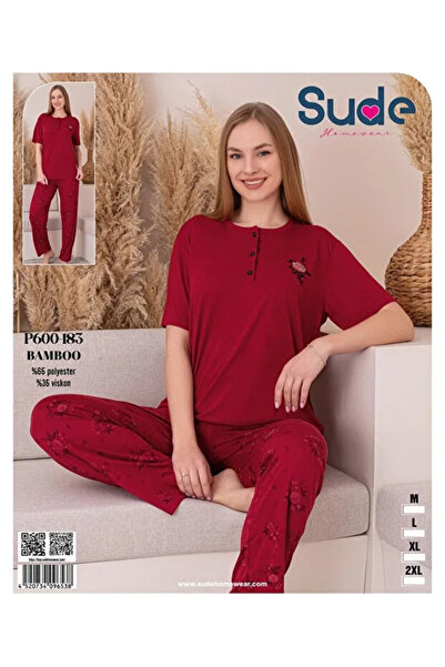 Sude P600-183 BAMBOO %65 POLYSTER KISA KOL PİJAMA TAKIMI-AL KIRMIZISI-