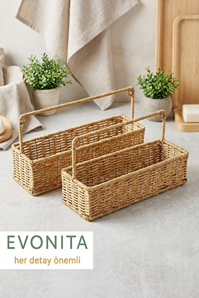 EVONİTA Doğal Hasır Saplı Organizer Sepet 2’li Set Rattan Görünümlü Çok Amaçlı Düzenleyici Sepet