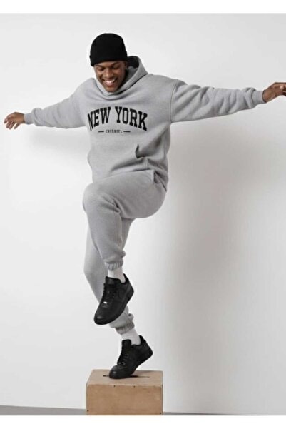 WOODROFFE New York Printed Unisex Bottom Top Black Men's Tracksuit Set Oversized Hooded