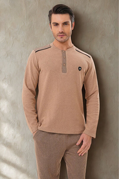 bigmama Men's Beige Winter Pajama Set Plus Size (M-5Xl) Thessaloniki Thick Fa...