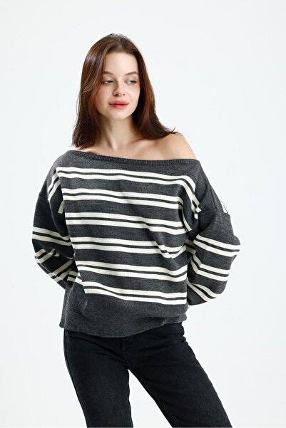 dgs look Women's Asymmetrical Rib Cut Boat Neck Striped Knitwear Sweater Dark Gray