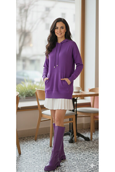 MODA A Kalite mor standart beden cep detaylı kapüşonlu triko kazak