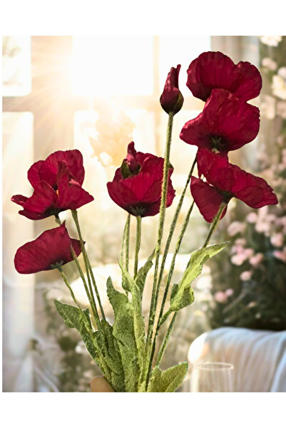 Home Yapay Kırmızı Gelincik Çiçeği 3 dal , 60 cm (toplamda 12 çiçek,3ü tomurcuk)