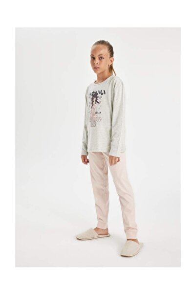 DeFacto Girl's Pajamas Suit Printed Long Sleeve Top Elastic Waist Long Bottom D6652A824Au