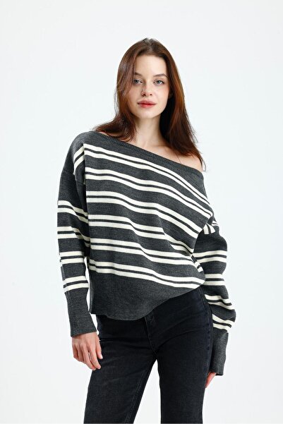 dgs look Women's Asymmetrical Rib Cut Boat Neck Striped Knitwear Sweater Dark Gray