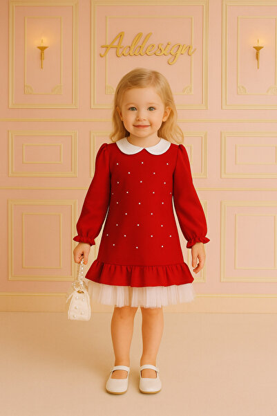 NA ADDESIGN Red Pearl Detailed Ruffled Tulle Skirt Girls' Dress Bebe Collar