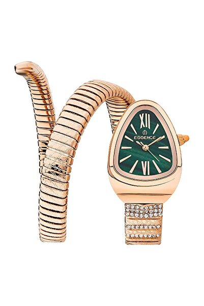 Essence D1147.470 Kadın Kol Saati | 32 mm Rose Gold Kasa, Yeşil Kadran, Spiral Yılan Formlu K