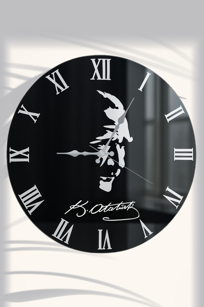 FLEXON Atatürk Silüeti Cam Ayna ◆ Premium Dekoratif Duvar Saati ◆ Siyah 45cm
