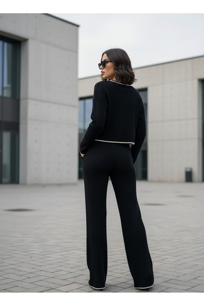 YusGos Women's Crew Neck Shepherd Stitch Knit Crop Sweater Pants Knitwear Top and Bottom Set Black-S