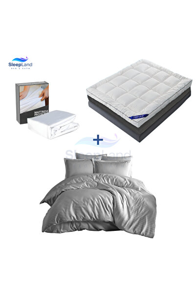 SLEEPLAND Hotel-style mattress pad set, 14 cm high, with mattress protector and hotel-style bedspread, gray color.