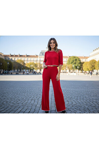 YusGos Women's Crew Neck Shepherd Stitch Knit Crop Sweater Pants Knitwear Top and Bottom Set Red-S