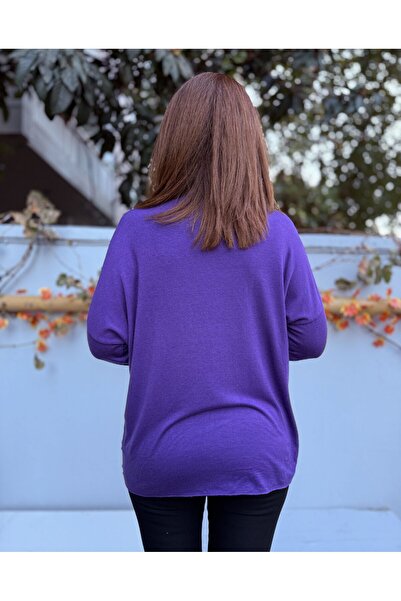 DenizEge Women's Ring Motif Embossed Angora Blend V-Neck Knitwear Purple