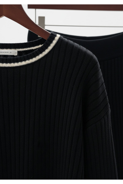 YusGos Women's Crew Neck Shepherd Stitch Knit Crop Sweater Pants Knitwear Top and Bottom Set Black-S