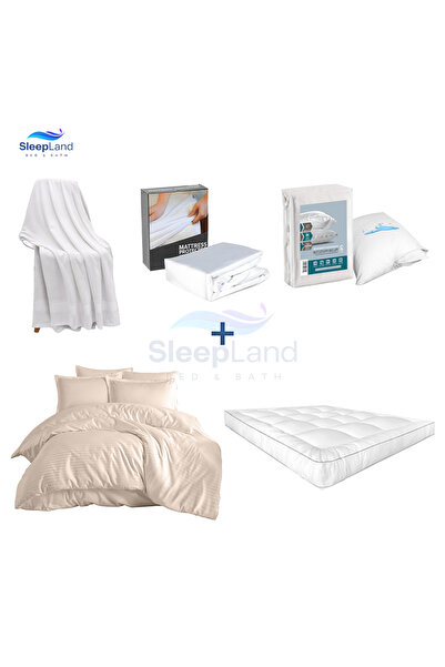 SLEEPLAND Hotel-style mattress topper set (14 cm high) with mattress protector, pillow protector set, cotton towel, and beige hotel-style bedspread.