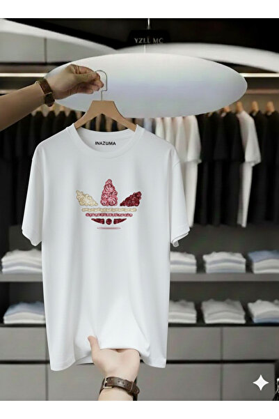 İnazuma Outdoors Unisex Oversized Printed Cotton Crew Neck Short Sleeve White T-Shirt Floral Spiral