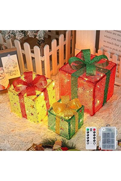 Kardett Set de 3 cutii de Crăciun iluminate, lumină caldă, 50 LED-uri, cu tel...