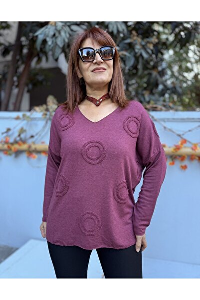 DenizEge Women's Ring Motif Embossed Angora Blend V-Neck Knitwear Burgundy