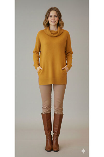 MODA Hardal rengi standart beden degaje yaka çift cepli A kalite triko kazak