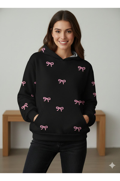 LiyAdaCo Women's Oversized Pink Ribbon Printed Black Hooded Sweatshirt -Hoodie