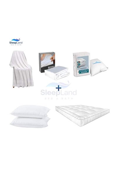 SLEEPLAND Hotel-quality 14cm thick mattress topper set with mattress protector, pillow protector set, cotton towel, and two hotel-style pillows.