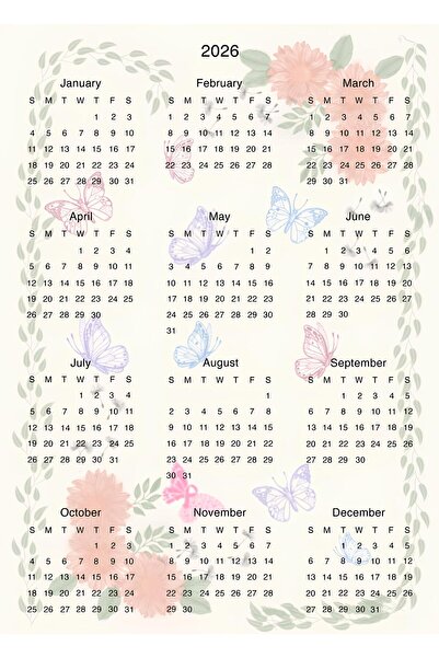 Rana İkra Art 2026 Kelebek Temalı Takvim (PVC KAPLI)(A3)(İNGİLİZCE)