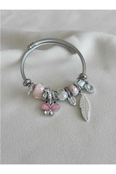 rycollections 316L Çelik Zirkon Taşlı Pembe Charmlı Kelebek ve Kanatlı Bileklik