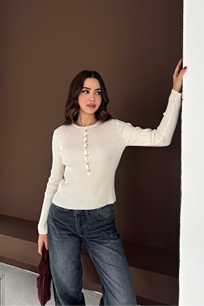 Noi Belis Basic Half Placket Buttoned Crew Neck Knitwear Sweater Aw25Kz0118