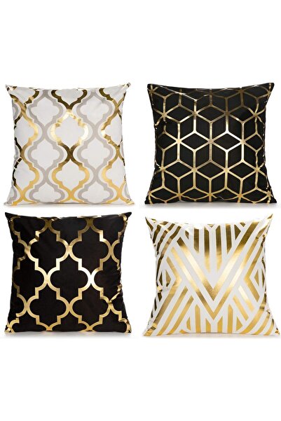 KASTWAVE Set of 4 Gold Foil 18×18 Inch Geometric Pillow Covers (Black/White &...