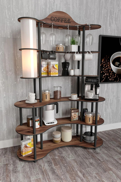 RAVILO Brew Bliss Kahve Köşesi Lambaderli Raf Ceviz