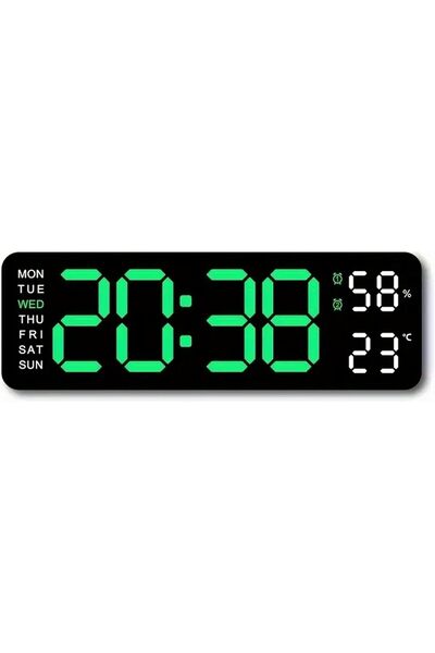 Generic Large Digital Wall Clock with Temperature & Humidity - Green LED Display