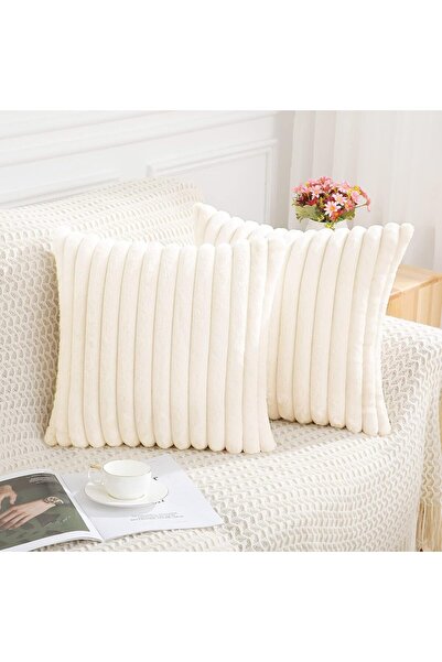 Generic 2 Pack Soft Throw Pillow Covers 45x45cm Cream White Striped Velvet Cushion Cover with Hidden Zipper