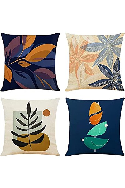 KASTWAVE Pack of 4 Linen Cushion Covers Navy Blue Orange 18x18 in (45x45 cm)
