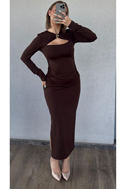 Fav Style Women's Cut Out Detailed Long Sleeve Slit Long Dress Brown