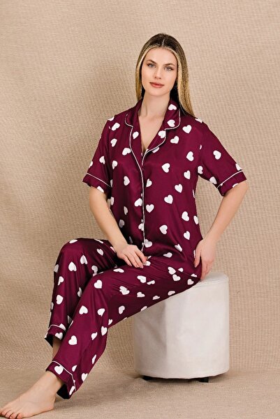 lidofya Button-down short sleeve heart print burgundy satin pajama set