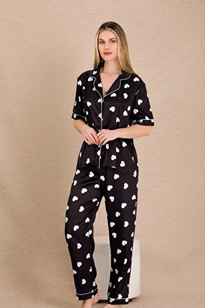 lidofya Buttoned Short Sleeve Heart Black Satin Pajama Set