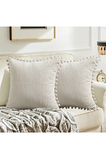 Generic Boho Corduroy Throw Pillow Covers 50x50 cm Cream Pack of 2