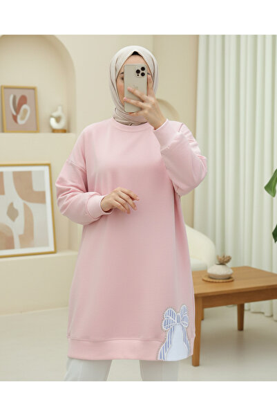 Modamorfo Round Neck Skirt Bow Detailed Loose Combed Cotton Tunic -Powder