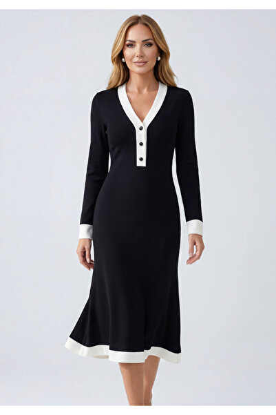 Little Visqon Yaka ve Manşet Detaylı Uzun Kollu Midi Boy Elbise