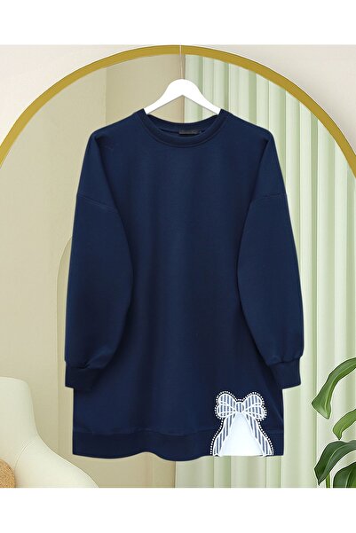 Modamorfo Round Neck Skirt Bow Detailed Loose Combed Cotton Tunic - Navy