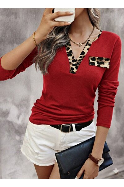 Zerenyus Women's Long Sleeve V-Neck Ribbed Knit Blouse Red