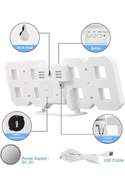 X SPRING 3D Digital Wall Clock, 24x8.5cm LED, 12/24H Temp & Date, USB Nightlight, Alarm