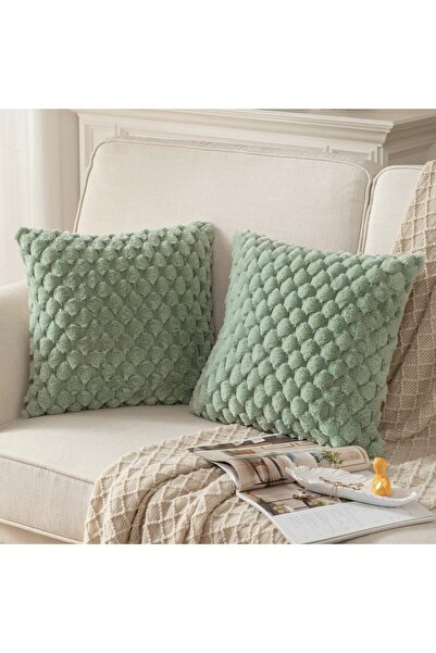 BananaHome 2pack Super Soft Cozy Plaid Faux Fur Throw Pillow Covers 45x45cm (Sage Green)